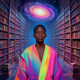 a breathtaking 8 k resolution matte painting of a black boy wearing neon robes inside a vast and endless four dimensional solarpunk library a the end of the galaxy, detailed face, timbuktu, in a symbolic and meaningful style, by m. c. escher and greg rutkowski and evgeni gordiets and artgerm, radiant lighting, concept art, retrowave