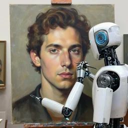 robot artist painting a self - portrait on a canvas. intricate, highly detailed, photorealistic, film still, in the style of alexandros pyromallis, and in the style of sachin teng, and in the style of gil elvgren.