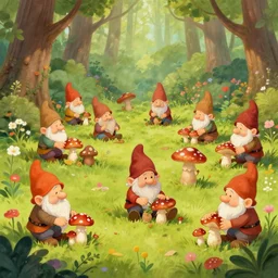 many gnomes working in a natural floral forest, building mushrooms, fairytale, impressionism