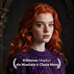 young woman with red hair, looks like mix of kiernan shipka and chloe moretz, dark fantasy, purple fluffy sweater, professional digital art, photorealistic, ghotic, light leaks, extremely detailed