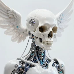 ai biomech, ethereal ultralight robot - skull mechanism, quantum physics, angelic and unsettling, wires, veins, ferrofluid, bismuth, style blend of hideo kojima, shepard fairey, and botticelli, city backdrop is a blend of the vatican, neo - andean architecture and brutalism, 4 k photorealistic, ultra fine inklines