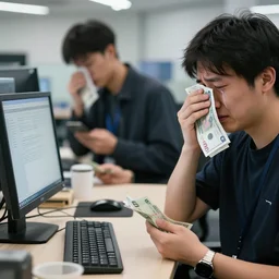 photo of openAI workers wiping their tears with banknotes after seeing in internet that stable diffusion exists