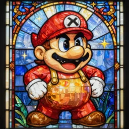 A stained glass portrait of Wario
