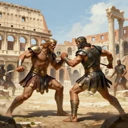 a monster fighting agains gladiators at the coliseum in roma at kingdom of julius caesar by world renowned artist, trending artstation, historical artworks, ruins, hiperdetailed