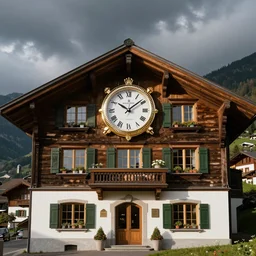 Beautiful Swiss chalet with a large clock in its front, jewels, shiny silver, shiny gold, architectural render, Rolex, Breitling, Jacob & Co, Omega, Tag Heur