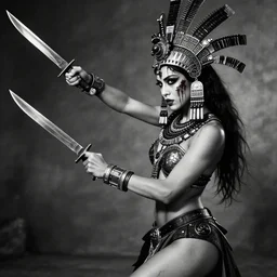 fight, aztec goddes fights with knifes, vertical composition, inspired by monster hunter and dark fantasy and fashion, beautiful  body, clean brutal blooded  symmetrical face,  sluty  make up, epic,dramatic lighting, cinematic, establishing shot, extremely high detail, photorealistic,  brutal, provocative , cinematic lighting, artstation, octane render, dark fantasy ,old photo, vintage, black and white, Boris vallejo