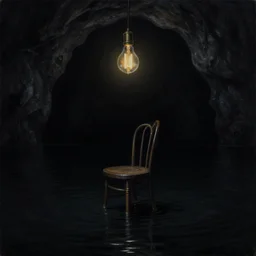 painting, chair under an edison bulb in empty black space, black cave lake, cgsociety, deviantart, steampunk, extreme contrast, sunken in black water, void