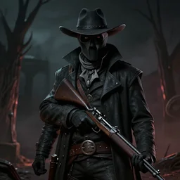 a portrait of a plague doctor gunslinger, dark fantasy, horror, western, hell, ultrafine detailed digital pencil art by takeshi obata and mike mignola, death note style, colored by greg rutkowski, symmetric body, cgsociety, sharp focus, detailed face, looking at the camera