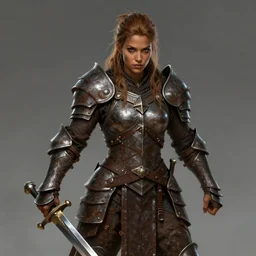 Female barbarian, heavy brown metallic armor, swords, gorgeous and beautiful, light brown messy hair, dark skin, brown eyes, detailed face, battle stance, high fantasy, extremely detailed, alone, realistic proportions!, DND, D&D, matte painting, by wlop and peter mohrbacher, trending on artstation, artstationHD, artstationHQ