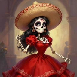 cute & beautiful smiling mexican undead skeleton girl wearing a sombrero and a wide red dress, elegant, digital art, fantasy, pixar style, painting, pin up, highly detailed, artstation, art by artgerm, vrubel and boris vallejo