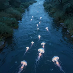 bird's eye view of a river with glowing jellyfish immigrating down it, detailed, concept art, smooth, sharp focus, illustration, trending on artstation, deviantart, by greg rutkowski