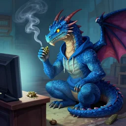 blue dragon in a hoodie smoking weed and watching tv, award winning fantasy art, draconic, featured on artstation, draconic
