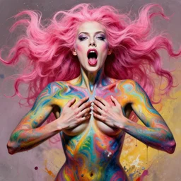 pink - haired woman with two arms, mouth opened, psychedlic body painting, no makeup, detailed arms & hands, detailed lips, ahegao face, detailed frontal declotage and thick flowing hair, by gil elvgren, julie bell, greg hildebrandt and randolph stanley hewton, fantasy, photorealism, splatter, bleed, epic lighting, hyperrealism, 8 k