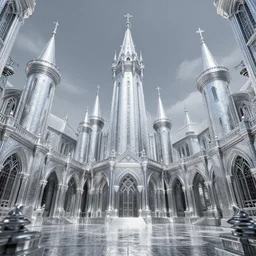 extreme low angle shot of an open courtyard in a beautiful elven city made of silver, stained glass windows, intricate, vivid colors, lush trees, flowers, ponds, fountain, subsurface scattering, volumetric lighting, concept art, fantasy digital painting by James Gurney, by Greg Rutkowski, trending on Artstation, highly detailed, unreal engine, 8k