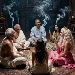 smoke session for the ages: Gandhi , Obama, Jesus, And Lady GaGa in a circle on the floor getting high by Andy Warhol and Edward Curtis