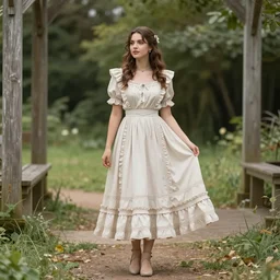 southern belle in a frilly dress, standing in an open mech duit