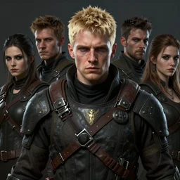 portrait painting of a tough blonde young man with short hair wearing mercenary gear, ultra realistic, concept art, intricate details, eerie, highly detailed, photorealistic, octane render, 8 k, unreal engine. art by artgerm and greg rutkowski and charlie bowater and magali villeneuve and alphonse mucha