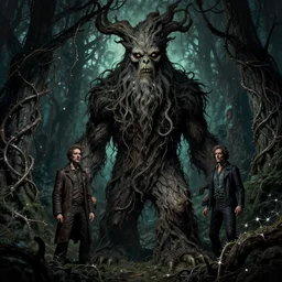 hyperdetailed art nouveau portrait of treebeard as cthulhu, by michael whelan, simon bisley, and bill sienkiewicz, grim yet sparkling atmosphere, photorealism, night in the forest, thorns, vines, terror, wild, crazy, scary, horror, lynn varley, lovern kindzierski, steve oliff