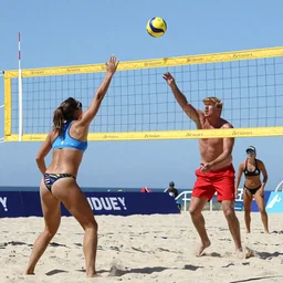 extremely buff Donald Trump playing beach volleyball with women,