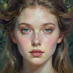 portrait of beautiful nature goddess unusual beauty, esoteric, beautiful soft colors, head in focus, fantasy art, nature aesthetics, intricate, elegant, highly detailed hyperrealistic painting, artstation, concept art, full frame, painterly, sharp focus, illustration, art by ive freya