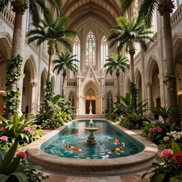 grand cathedral interior with! koi pond in the middle! surrounded by palm trees, ivy, flowers, tropical plants, roses, and with archways, rendered in octane render with photorealistic volumetric lighting, cinematic, ultra wide angle, horizontal symmetry