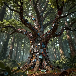 massive tree in the woods made of electronics and scrap metal, entangling wires, cyberpunk, final fantasy style, highly detailed, digital art, sharp focus, trending on art station, warhammer fantasy,