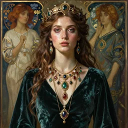 ombre velvet gown, beautiful elegant dryad, portrait, dramatic light on face, long hair, tiara, dozens of jeweled necklaces, by greg rutkowski, brom, anato finnstark, alphonse mucha, oil painting, highly detailed, cinematic lighting, unreal,