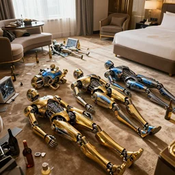 3 shiny golden and blue metallic futuristic integrate steampunk humanoid robots laying passed out in a luxury hotel room with empty bottles furniture and a broken monitor all over the floor, pressphoto, dawn light, insanely detailed, 3 5 mm lens, wide shot
