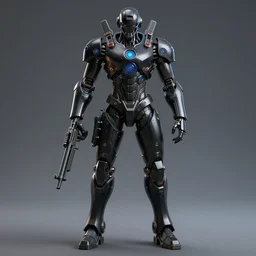 futuristic black colored combat android, holding rifle, symmetrical, octane, blender, hd, unreal engine, maya, cinematic lighting