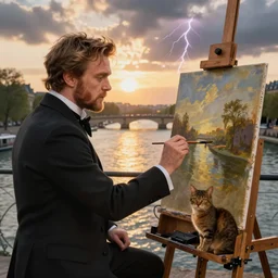 clean shaven mcgregor is dressed as a gentleman at early 2 0 th century paris. he is watching an easel. that easel has a canvas on it. ewan mcgregor has a brush on his hand. he is painting a painting. there is a small brown cat with yellow eyes on ewan mcgregors feet. on background has river seine, morning sun, golden lights, dark clouds, lightning, artstation
