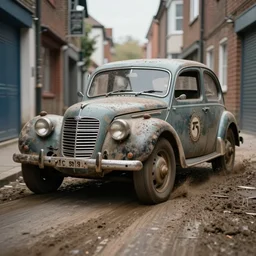 street photography by saul leiter, in a narrow alley, award winning photo of an ultra detailed intricate dirty vintage ford car speeding very fast on mud, fast shutter speed, motion blur, tiny gaussian blur, highly detailed, highly intricate, depth of field, trending on top gear