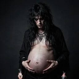 goth man with a heavily pregnant belly and black shaggy hair, dramatic lighting