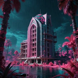 a beautiful ultradetailed render of building unfinished building nature synagogue industrial architecture urbex by ralph mcquarrie, tron desert uv light vaporwave landscape rainforest infrared forest myst vice city neon noir lake gem nightvision dramatic lighting retro hyperrealism sci - fi cosmic, archdaily, wallpaper, highly detailed, trending on artstation.