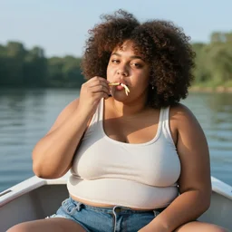 a fat girl with a big afro sitting in a boat who is eating crayons