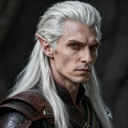 a portrait of a male drow elf with long white hair, pale gray skin, buzzed hair on temple, young adult, defined cheek bones, serious, wearing leather armor, style by donato giancola, wayne reynolds, jeff easley dramatic light, high detail, cinematic lighting, artstation, dungeons and dragons