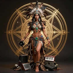 a centered render of an alluring mystical tribal goddess adorned with feathers and gemstones and cables and synthesizer parts is surrounded by sacred geometry, full body, gorgeous face, perfect face, powerful, cinematic, beautifully lit, by artgerm, by karol bak, 3 d, trending on artstation, octane render, 8 k