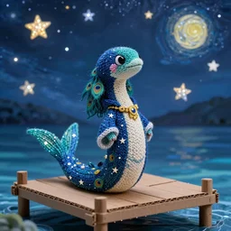 a finely knit bipedal starry night eel snake fantasy mermaid with a fish body, hummingbird hair, wearing peacock magic imbued mage robes with gold accent jewelry, inside a handcrafted cardboard dock to look at the hand painted night sky full of glittery star stickers and glow in the dark star stickers over a paper sea, adorable, charming, macro camera lens, well lit, cinematic, real life