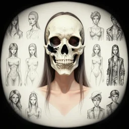 flesh and bones mask design girl body sorayama , character sheet, Moebius, Greg Rutkowski, Zabrocki, Karlkka, Jayison Devadas, Phuoc Quan, trending on Artstation, 8K, ultra wide angle, zenith view, pincushion lens effect.