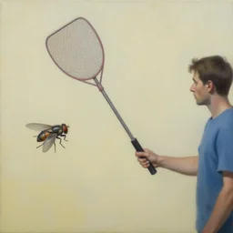 hyperrealism painting from the perspective of a housefly getting swatted at from a man with a fly swatter