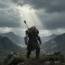 lonely ork warrior hit with an arrow in the shoulder and is bleeding, desolated mountains in the distance, cloudy atmosphere, rod rays, realistic, style of tolkien world, 4 k, masterpiece, epic, maximalist, by gaston bussiere wlop