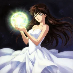 anime, official art, a woman in a white dress holding a glowing ball!!!!!!!!!!!!!, a detailed painting by ross tran and stanley artgerm lau, fantasy art, featured on deviantart, 2 d game art