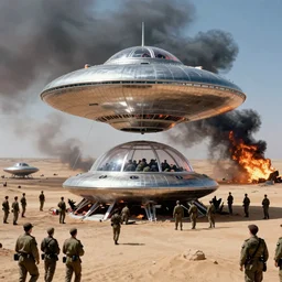 army troops surround shiny metallic ufo flying saucer with transparent dome crashed in the desert, smoking and burning in flames by Ray Harryhausen and Glen Orbik, color Ektachrome photo