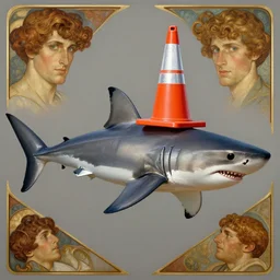 great white shark, side view, with a silver and orange striped traffic cone construction cone on its dorsal fin - ron cheng & alphonse mucha, highly detailed, digital painting, ray tracing, concept art, illustration, smooth sharp focus, intricate, symmetry, artstation,