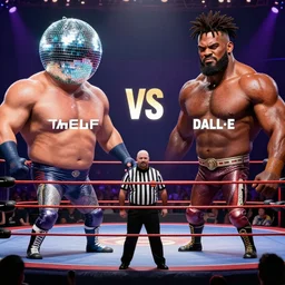 stable diffusion versus DALL·E versus Midjourney triple threat match with disco difussion as a special referee in a wrestling ring