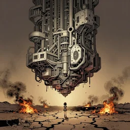 comic book illustration, a very tall structure hovers 10 feet above the ground, scorched and cracked earth is below it and a young girl stands looking at it, cyberpunk concept art by Moebius and Alphonse Mucha, highly detailed, intricate, sci-fi, sharp focus, Trending on Artstation HQ, deviantart
