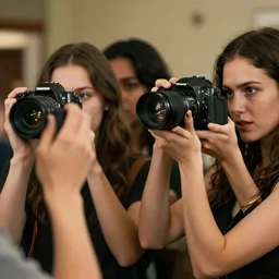 beautiful grindhouse women, their hands are cameras, shooting their shot, 2 1 0 mm, hyperrealistic, clarity