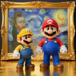 a small waluigi and wario, studio lighting, golden ratio, details, masterpiece, fine art, intricate, decadent, ornate, highly detailed, digital painting, octane render, ray tracing reflections, 8 k, featured, by claude monet and vincent van gogh
