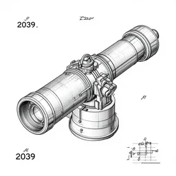 very detailed isometric blueprint scheme of a quantum cannon, patented in 2039