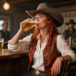 cinematic shot epic portrait an female cowgirl wearing a whiteblouse and a lether vest drinking beer in a bar, wild west, sunny, shiny wet skin, wet flowing red hair, cowboy hat, broad light, ambient occlusion, volumetric light effect, made by ivan aivazovsky, peter mohrbacher, greg rutkowski, ross tran, steven belledin, thomas kinkade, matte painting, trending on artstation, 4 k, perfectly defined features, digital painting, cinematic, epic, highly detailed,
