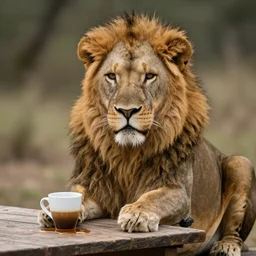 a lion sitting on a table with a cup leaking coffee on the table next to him.